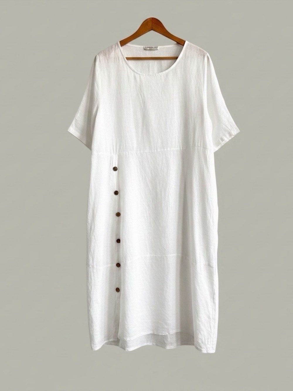 Puro Lino Made In Italy White 100% Linen Dress O/S Roll Tab Sleeves Lagenlook